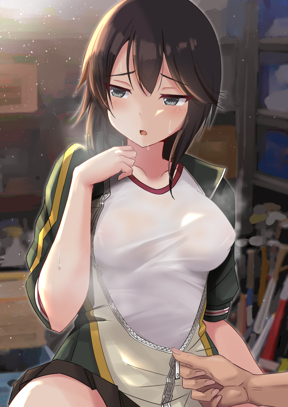 1girl black_hair black_skirt blush breasts commentary_request covered_nipples eyebrows_visible_through_hair gym_shirt hayasui_(kantai_collection) highres indoors jacket kantai_collection kuroame_(kurinohana) large_breasts long_sleeves looking_to_the_side miniskirt open_clothes open_jacket open_mouth pleated_skirt shirt short_hair silver_eyes skirt solo_focus steam steaming_body sweat track_jacket zipper