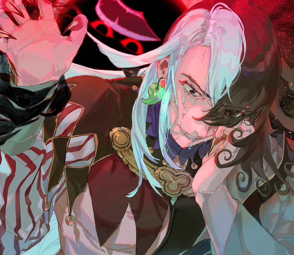 1boy 1other akimitsu-dono arm_grab ashiya_douman_(fate) asymmetrical_clothes asymmetrical_hair bell black_eyes black_hair close-up corruption crying crying_with_eyes_open curly_hair dark_persona dutch_angle earrings extra_eyes eyes_visible_through_hair fate/grand_order fate_(series) fingernails green_kimono green_nails hair_bell hair_between_eyes hair_intakes hair_ornament hand_on_own_face heterochromia japanese_clothes jewelry kibadori_rue kimono long_hair magatama magatama_earrings male_focus monster multicolored_hair open_clothes open_kimono pectorals red_pupils ribbed_sleeves sharp_fingernails solo_focus spoilers tears toned toned_male two-tone_hair very_long_fingernails very_long_hair white_hair