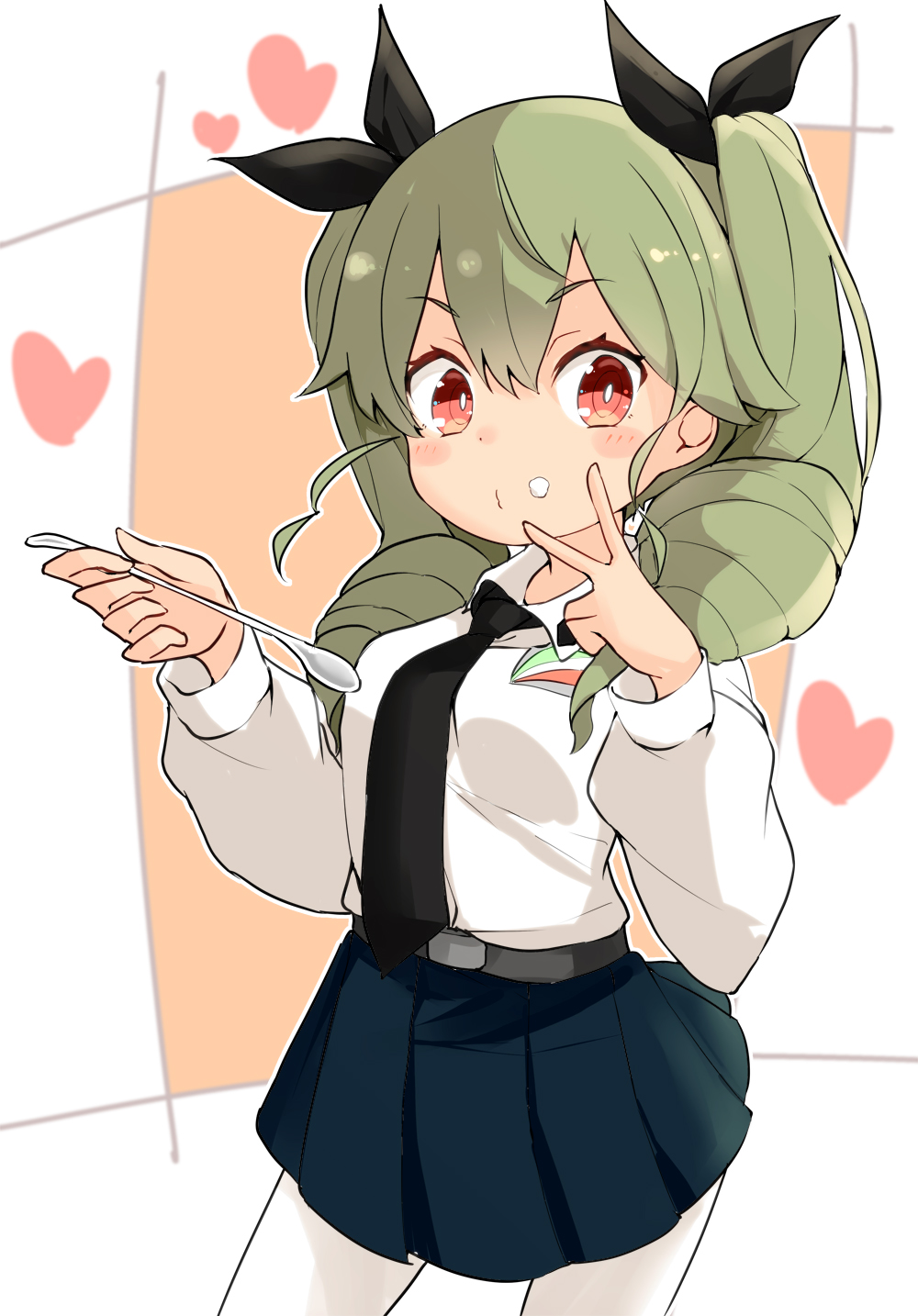 1girl anchovy_(girls_und_panzer) anzio_school_uniform bangs barashiya belt black_belt black_neckwear black_ribbon black_skirt commentary dress_shirt drill_hair emblem eyebrows_visible_through_hair food food_on_face girls_und_panzer green_hair hair_ribbon heart highres holding holding_spoon long_hair long_sleeves looking_at_viewer miniskirt necktie pantyhose parted_lips pleated_skirt red_eyes ribbon school_uniform shirt skirt solo spoon standing twin_drills twintails upper_body v white_legwear white_shirt wing_collar