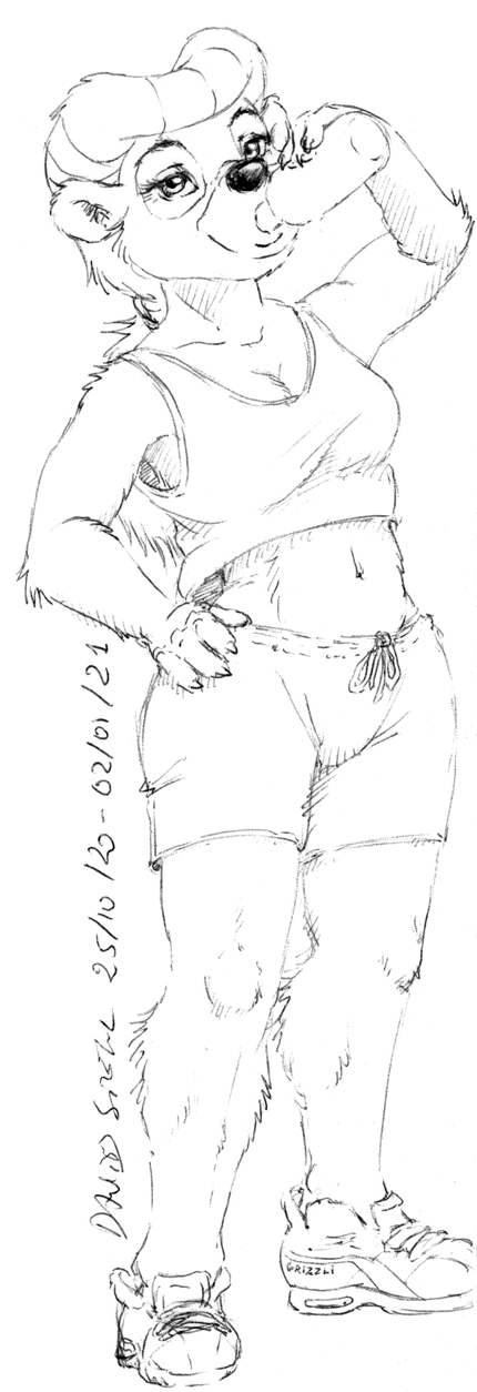 2020 2021 4_fingers anthro asthexiancal bottomwear breasts cleavage clothed clothing disney female fingers fur greyscale hair hi_res mammal midriff monochrome navel rebecca_cunningham shirt shorts solo talespin tank_top topwear ursid water_bottle