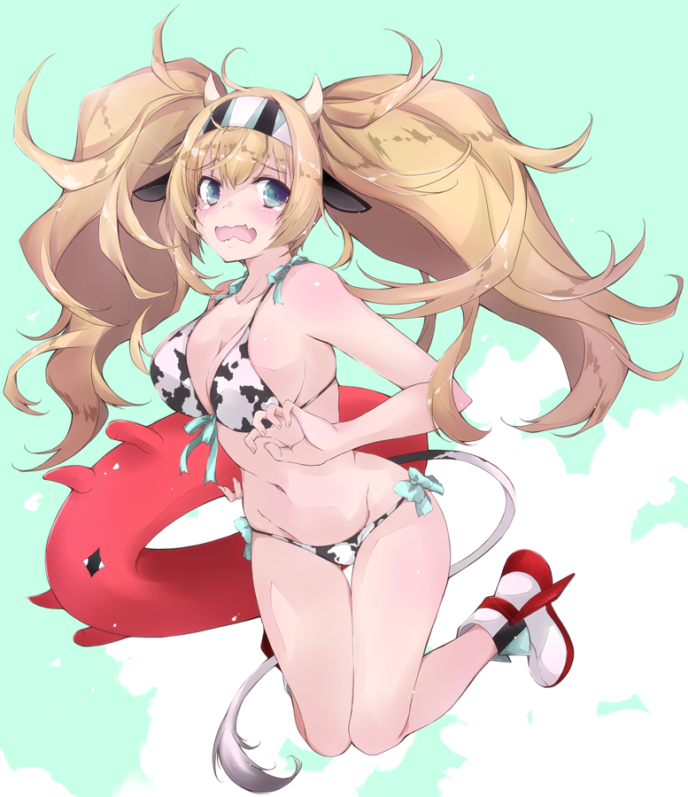 1girl abyssal_ship animal_ears animal_print bikini blonde_hair blue_eyes blue_sky boots breasts cleavage cloud commentary_request cow_ears cow_horns cow_print cow_tail enemy_lifebuoy_(kantai_collection) fake_animal_ears fake_horns full_body gambier_bay_(kantai_collection) hairband horns innertube kantai_collection large_breasts long_hair side-tie_bikini sky solo swimsuit tail thigh_gap twintails white_bikini yumesato_makura