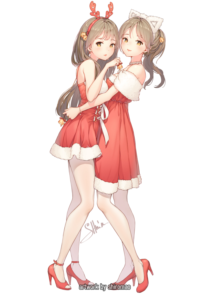 2girls animal_ears bell breasts brown_hair cat_ears choker christmas_dress commentary deer_ears dress earrings english_commentary headband high_heels hug jewelry jingle_bell lips long_hair multiple_girls original pantyhose ponytail red_dress red_footwear ribbon shiromao short_dress signature smile watermark white_legwear yellow_eyes