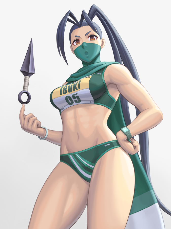 1girl abs antenna_hair balancing_on_finger black_hair breasts brown_eyes character_name commentary_request covered_mouth fingernails green_bloomers green_scarf green_sports_bra hand_on_hip high_ponytail ibuki_(street_fighter) kunai long_hair long_scarf mask medium_breasts mouth_mask navel noppo_(tarstation) official_alternate_costume olympian_bloomers scarf solo sports_bra standing street_fighter street_fighter_v tan thick_thighs thighs toned very_long_hair watch weapon white_background wristwatch