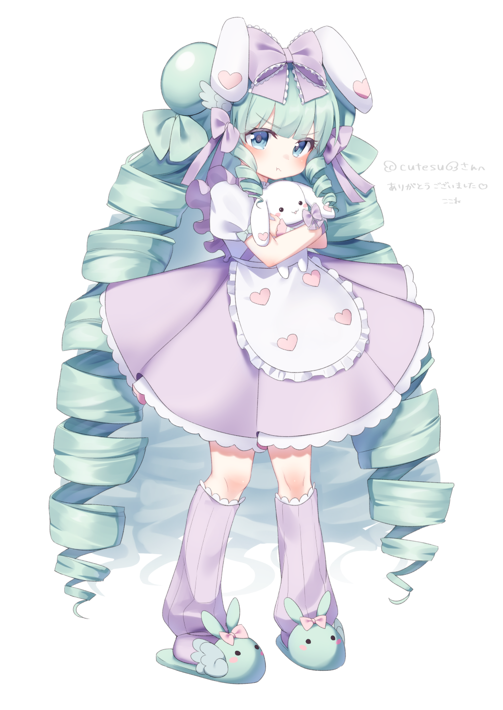 1girl :t animal_ears animal_slippers apron blue_eyes blush bow bunny_ears bunny_slippers closed_mouth commentary_request commission cutesu_(cutesuu) drill_hair frilled_apron frilled_bow frills full_body green_footwear green_hair hair_bow highres kneehighs kokone_(coconeeeco) long_hair looking_at_viewer loose_socks object_hug original pleated_skirt pout puffy_short_sleeves puffy_sleeves purple_bow purple_legwear purple_skirt ribbed_legwear shirt short_sleeves simple_background skeb_commission skirt slippers slit_pupils solo standing stuffed_animal stuffed_bunny stuffed_toy translation_request very_long_hair waist_apron white_background white_shirt