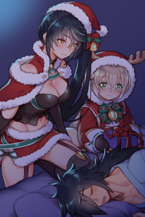 1girl 2boys antlers bangs black_gloves black_hair black_legwear blonde_hair blue_background box breasts cape christmas cleavage closed_mouth eyebrows_visible_through_hair fake_antlers folks_(nabokof) fur-trimmed_cape fur-trimmed_headwear fur-trimmed_skirt fur_trim garter_straps gift gift_box gloves green_eyes groin hair_between_eyes hat laphicet_(tales) long_hair lying medium_breasts microskirt midriff mittens multiple_boys navel on_side open_mouth ponytail red_cape red_headwear red_skirt reindeer_antlers rokurou_rangetsu santa_costume santa_hat shiny shiny_hair short_hair side_ponytail skirt sleeping smile stomach tales_of_(series) tales_of_berseria thighhighs velvet_crowe yellow_eyes