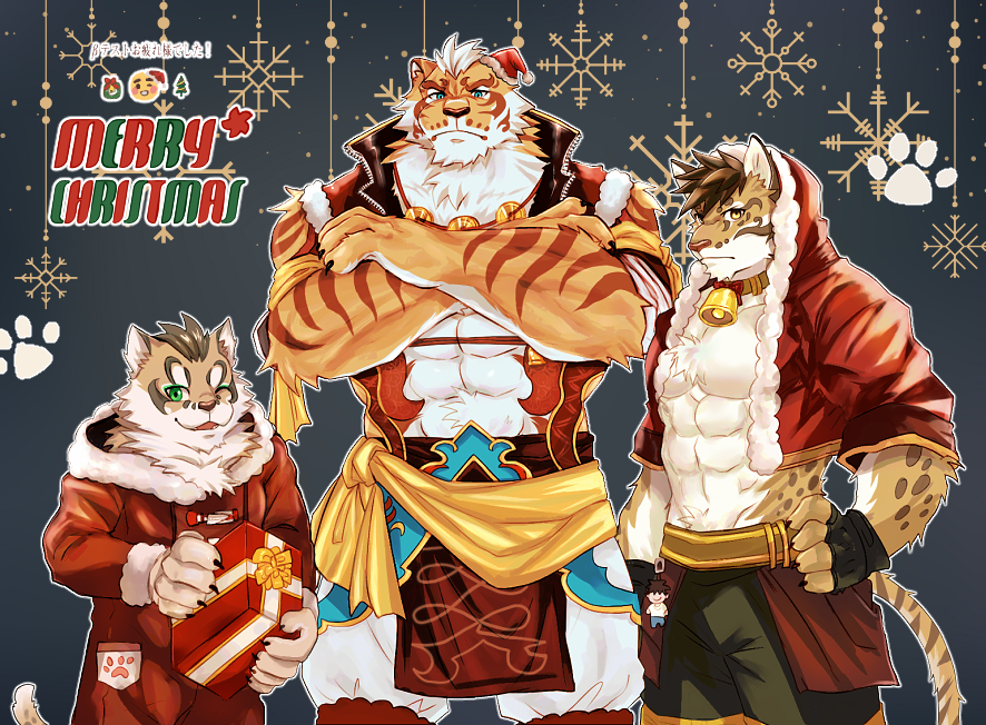 3boys ;) abs abs_cutout animal_ears animal_print arm_behind_head bara bell blue_eyes brown_hair chest_tuft christmas_tree cleavage_cutout clothing_cutout commentary crossed_arms emoji fingerless_gloves fluffy furry furry_male gift gloves green_eyes hat hood hoodie large_pectorals leopard_boy leopard_ears leopard_print leopard_tail lin_hu_(nekojishi) looking_at_viewer male_focus merry_christmas multiple_boys muscular muscular_male neck_bell nekojishi no_tattoo one_eye_closed orange_eyes orange_fur paw_print pectoral_cleavage pectorals pelvic_curtain santa_hat short_hair smile snake_tattoo snowflake_background stomach symbol-only_commentary tail tattoo tiger_boy tiger_ears tiger_stripes tora_d translated upper_body white_background white_hair wreath zipper
