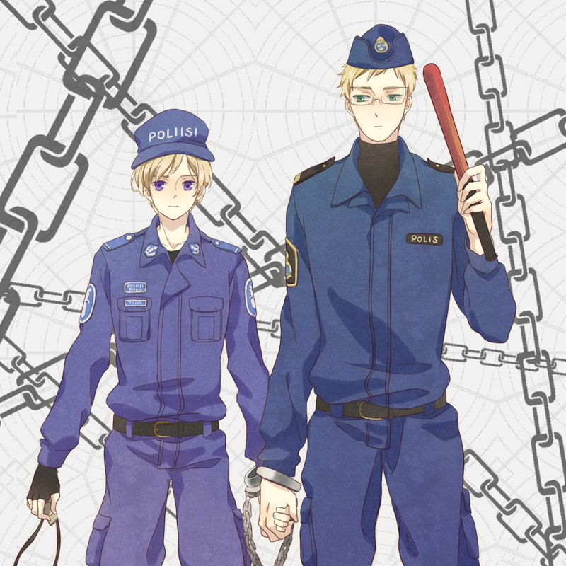 2boys axis_powers_hetalia baseball_cap baton belt belt_buckle black_belt black_sweater blonde_hair blue_jacket blue_pants breast_pocket buckle chain collared_jacket commentary_request cuffs fingerless_gloves finland_(hetalia) finnish_text garrison_cap glasses gloves green_eyes handcuffs hat holding_hands insignia jacket lannyhikari looking_at_another looking_at_viewer multiple_boys pants pocket police police_uniform purple_eyes short_hair shoulder_strap sweater sweden_(hetalia) swedish_text swedish_uniform tre_kronor turtleneck turtleneck_sweater uniform whistle