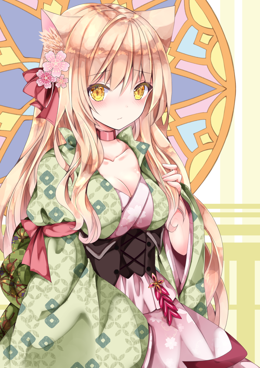 1girl animal_ear_fluff animal_ears bangs blonde_hair bow breasts cat_ears choker cleavage closed_mouth collarbone commentary_request eyebrows_visible_through_hair floral_print flower hair_between_eyes hair_bow hair_flower hair_ornament hand_up highres japanese_clothes kimono long_hair long_sleeves looking_at_viewer medium_breasts nanase_kureha nanase_nao open_clothes original pink_flower pink_kimono print_kimono red_bow red_choker solo very_long_hair wide_sleeves yellow_eyes