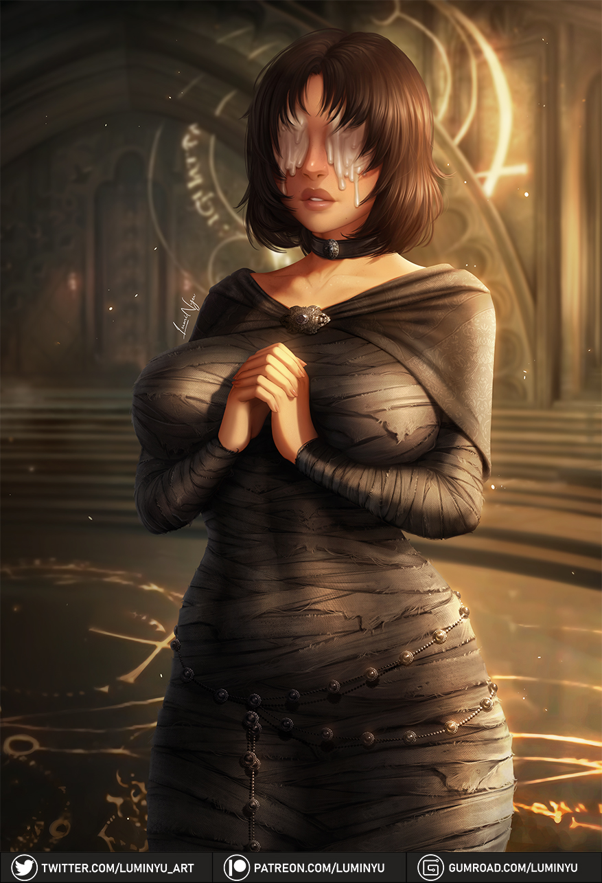 1girl artist_name bandages black_hair blurry blurry_background breasts demon's_souls gumroad_username hands_together highres luminyu maiden_in_black parted_lips patreon_username praying solo souls_(from_software) twitter_username wax