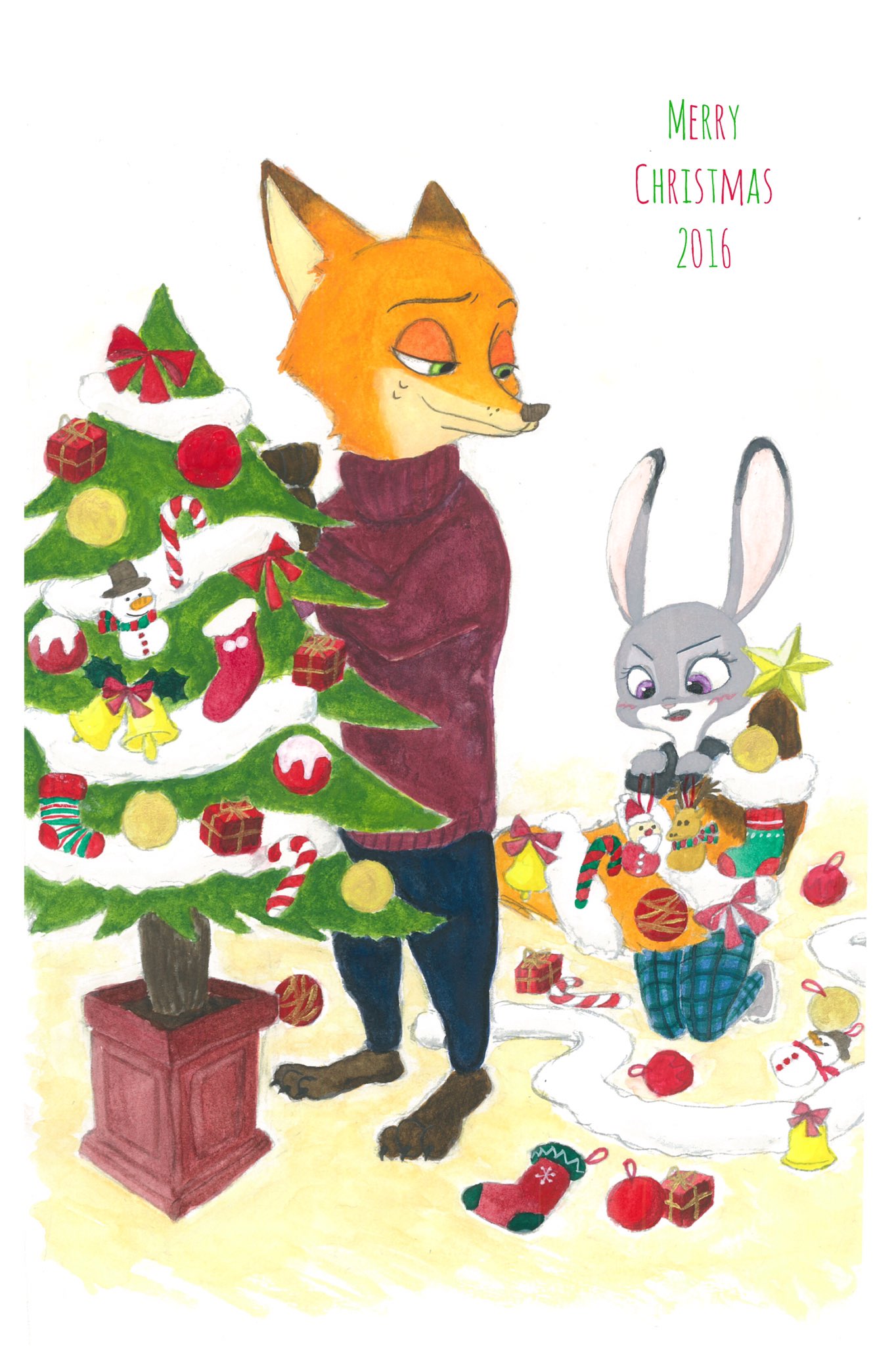 2016 anthro barefoot blush bodily_fluids bottomwear canid canine christmas christmas_tree clothed clothing dipstick_ears disney duo english_text fox fully_clothed fur ga0eq green_eyes grey_body grey_fur hi_res holiday_message holidays judy_hopps kneeling lagomorph leporid mammal multicolored_ears nick_wilde orange_body orange_fur pants plant purple_eyes rabbit red_fox simple_background standing sweat sweatdrop sweater text topwear tree white_background zootopia