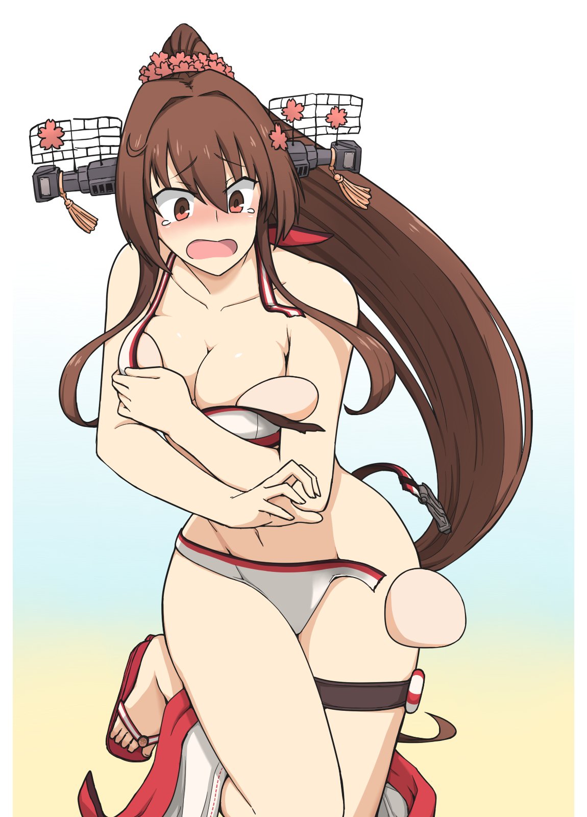 1girl bangs bikini blush breast_padding breasts brown_eyes brown_hair cleavage collarbone covering covering_breasts eyebrows_visible_through_hair flip-flops hair_between_eyes hamu_koutarou headgear highres kantai_collection long_hair medium_breasts navel open_mouth ponytail sandals solo swimsuit thigh_strap white_bikini yamato_(kantai_collection)