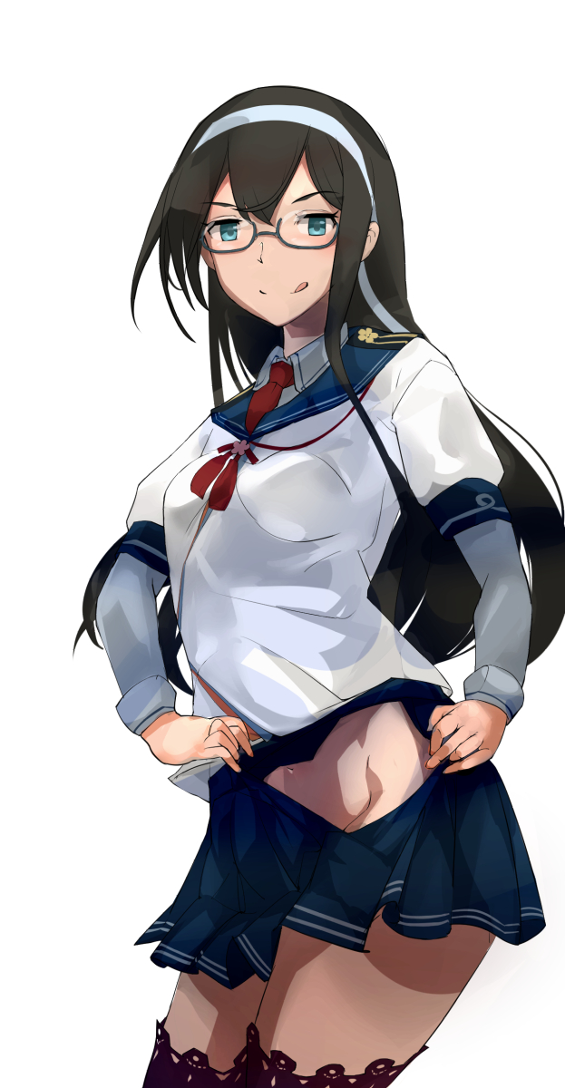 1girl black_hair blue_eyes blue_sailor_collar blue_skirt commentary_request cowboy_shot glasses hairband highres hip_vent kantai_collection long_hair necktie no_panties ooyodo_(kantai_collection) pleated_skirt red_neckwear sailor_collar school_uniform semi-rimless_eyewear serafuku simple_background skirt solo thighhighs tongue tongue_out under-rim_eyewear white_background yamaioni_(sasakama)