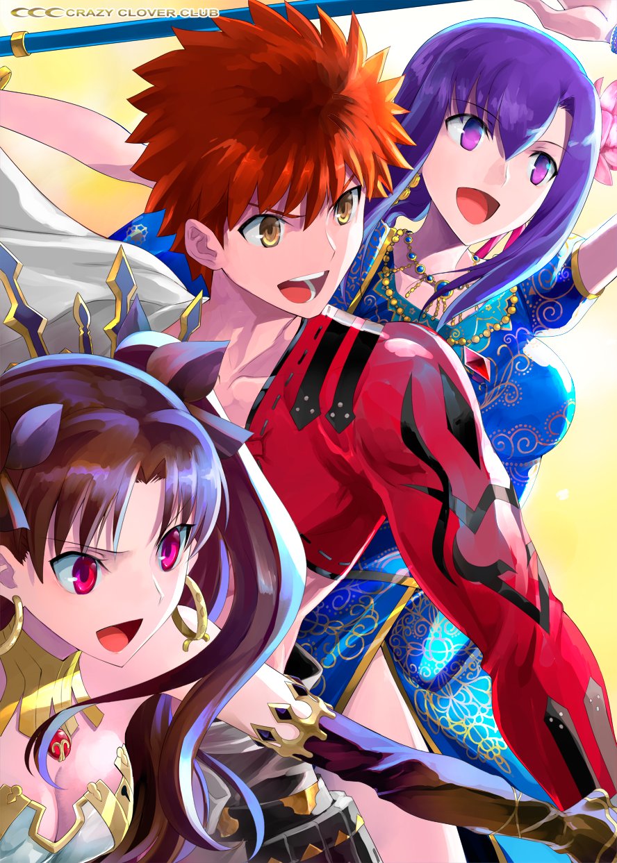 1boy 2girls abs anklet bare_shoulders black_hair breasts cape commentary_request crown earrings emiya_shirou fate/grand_order fate/stay_night fate_(series) flower hair_flower hair_ornament hair_ribbon highres hoop_earrings igote indian_clothes ishtar_(fate)_(all) ishtar_(fate/grand_order) jewelry large_breasts limited/zero_over long_hair matou_sakura multiple_girls neck_ring necklace parvati_(fate/grand_order) polearm purple_eyes purple_hair red_eyes red_hair ribbon sengo_muramasa_(fate) shirotsumekusa smile tohsaka_rin two_side_up weapon yellow_eyes