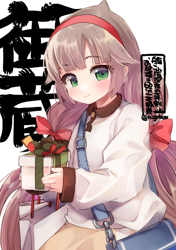 1girl alternate_costume bag blush box brown_hair character_name closed_mouth eyebrows_visible_through_hair gift gift_box green_eyes holding holding_gift kantai_collection long_hair long_sleeves low_twintails mikura_(kantai_collection) nigo shirt shopping_bag shoulder_bag simple_background smile solo twintails twitter_username white_background white_shirt