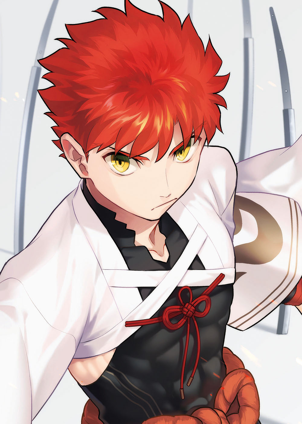 1boy close-up covered_abs fate/grand_order fate_(series) highres katana looking_at_viewer male_focus nagatekkou otama_(atama_ohanabatake) planted_sword planted_weapon red_hair rope sengo_muramasa_(fate) shimenawa solo sword upper_body weapon wide_sleeves yellow_eyes