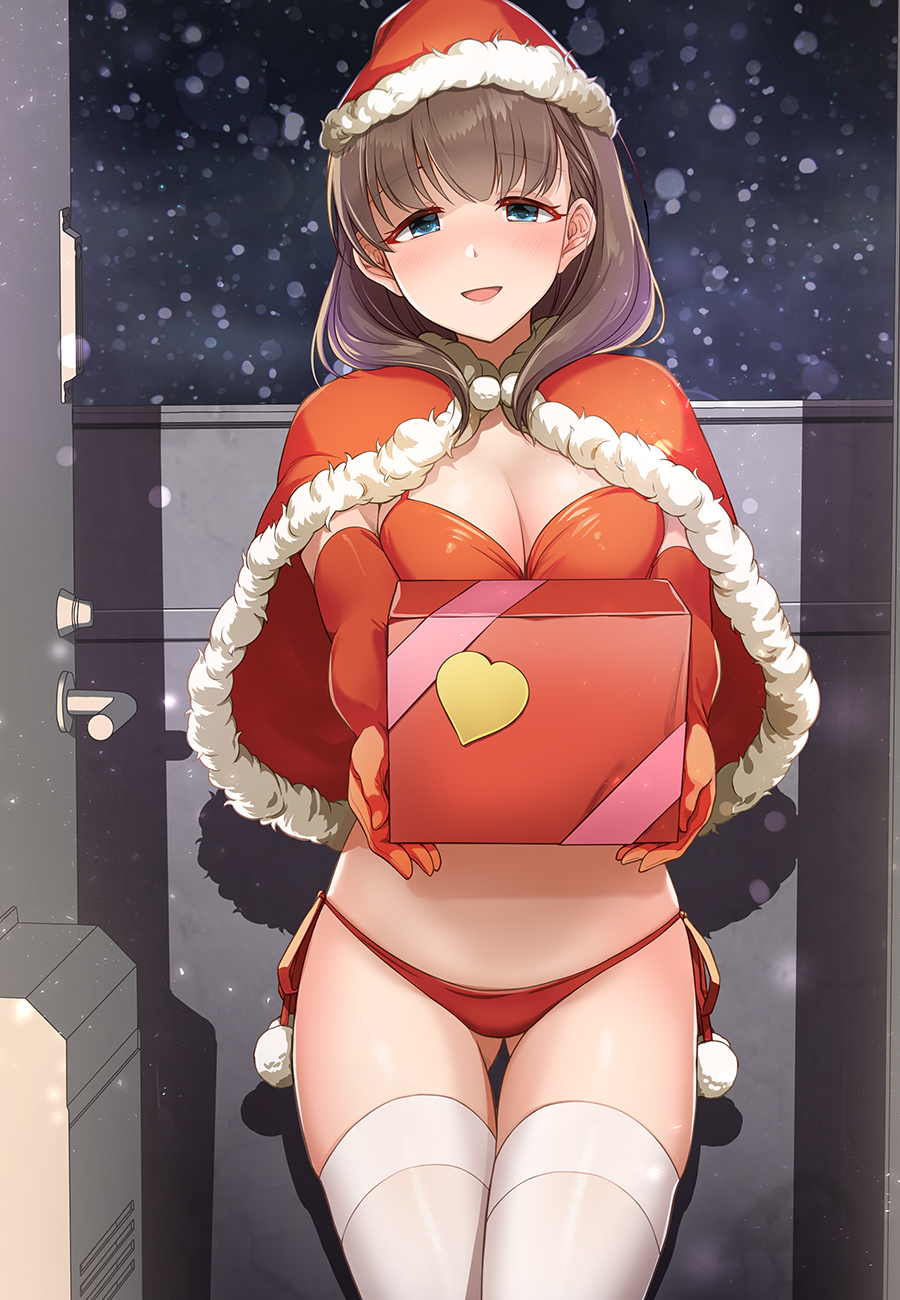 1girl ass_visible_through_thighs bangs bikini blue_eyes breasts brown_eyes capelet cleavage dootmoon elbow_gloves eyebrows_visible_through_hair fur-trimmed_capelet fur-trimmed_headwear fur_trim gift gloves hat heart highres holding holding_gift idolmaster idolmaster_cinderella_girls looking_at_viewer medium_breasts medium_hair mk_(mod0) night open_mouth oyster pom_pom_(clothes) red_bikini red_capelet red_gloves red_headwear sakuma_mayu santa_bikini santa_costume santa_hat side-tie_bikini side-tie_bottom snow solo standing swimsuit thigh_gap thighhighs white_legwear