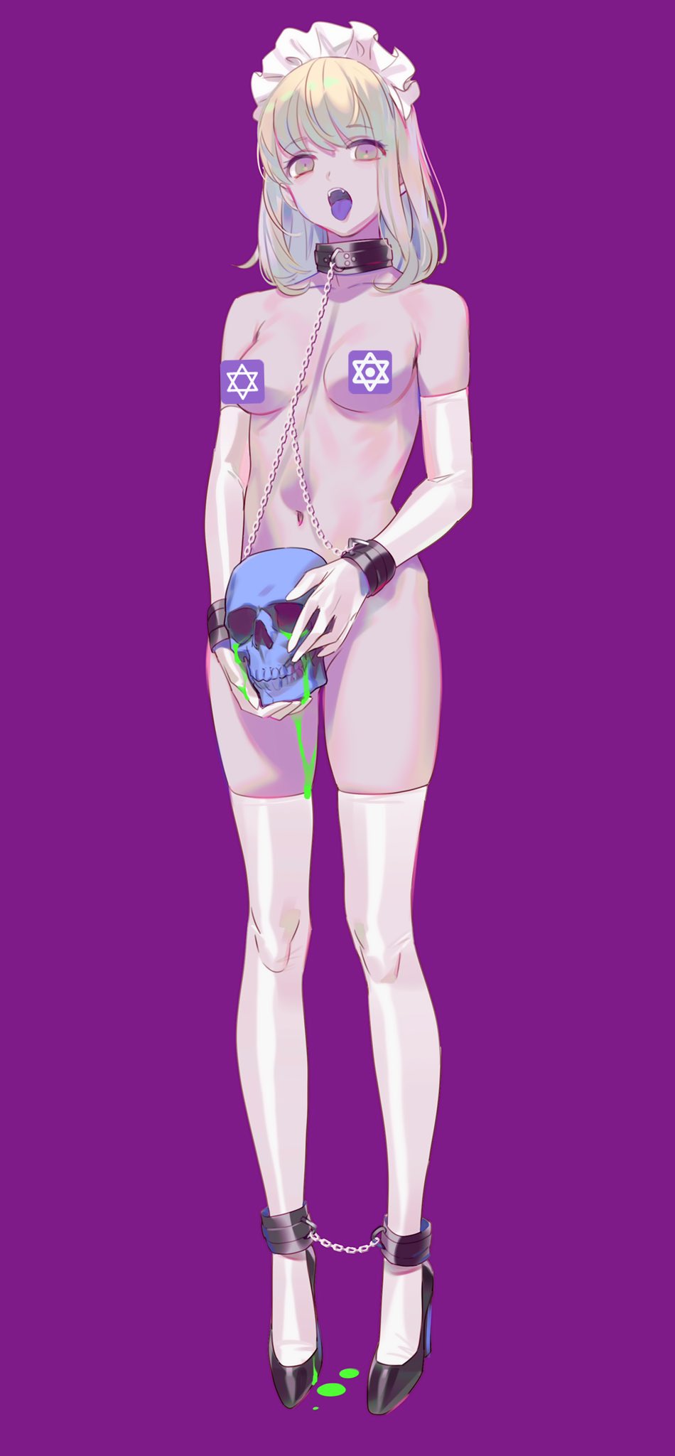 1girl blood breasts chain character_request choker collar copyright_request green_blood hexagram high_heels highres looking_at_viewer maid navel nude open_mouth purple_tongue short_hair simple_background skull smile star_of_david stomach symbol tagme thighhighs yd_(orange_maru)