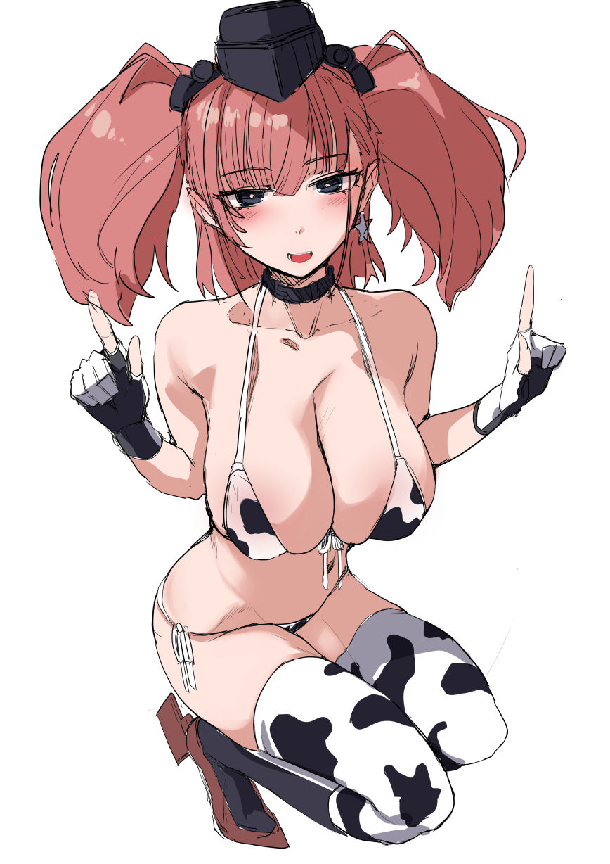 1girl animal_print atlanta_(kantai_collection) bangs bikini black_eyes black_headwear boots breasts brown_hair choker cleavage cow_print earrings eyebrows_visible_through_hair garrison_cap gloves hat headgear highres index_finger_raised jewelry kantai_collection large_breasts long_hair open_mouth partially_translated rudder_footwear side-tie_bikini simple_background single_earring solo squatting star_(symbol) star_earrings swimsuit thighhighs translation_request two_side_up white_background yukiguni_yuu