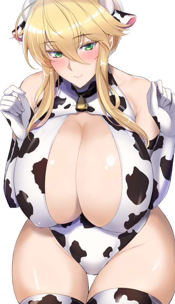 1girl animal_ears animal_print artoria_pendragon_(all) artoria_pendragon_(lancer) bangs bare_shoulders bell bell_collar blonde_hair blush braid breasts cleavage cleavage_cutout clothing_cutout collar cow_ears cow_horns cow_print elbow_gloves fate/grand_order fate_(series) french_braid gloves green_eyes hair_between_eyes horns huge_breasts kumakichi_(cost-lost) leotard long_hair looking_at_viewer sidelocks simple_background smile thick_thighs thighhighs thighs white_background white_gloves white_legwear white_leotard