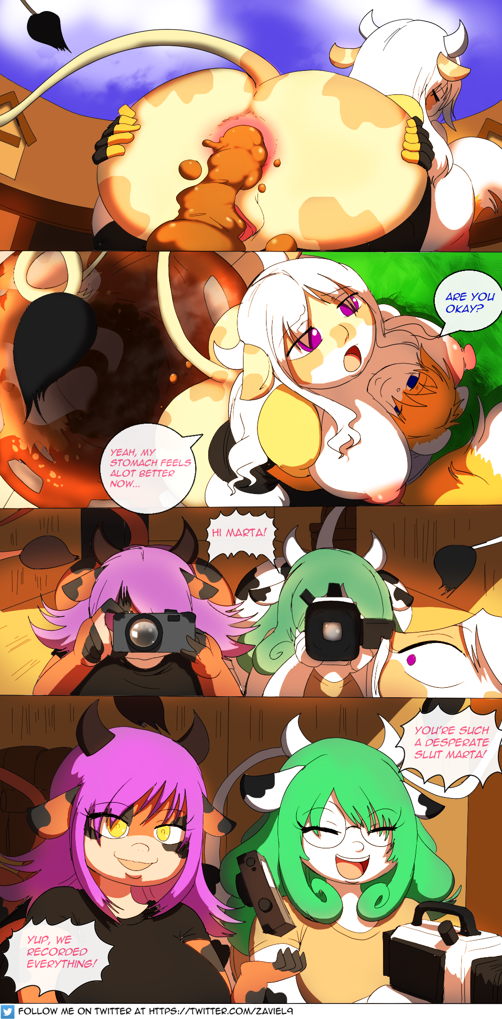 anthro big_breasts big_butt bovid bovine breasts butt butt_grab camera carrying cattle conker conker's_bad_fur_day daisy_(disambiguation) embarrassed feces green_hair hair hand_on_butt hi_res huge_breasts mammal marta olive_(disambiguation) purple_hair rareware recording rodent scat sciurid smile text url video_games zaviel