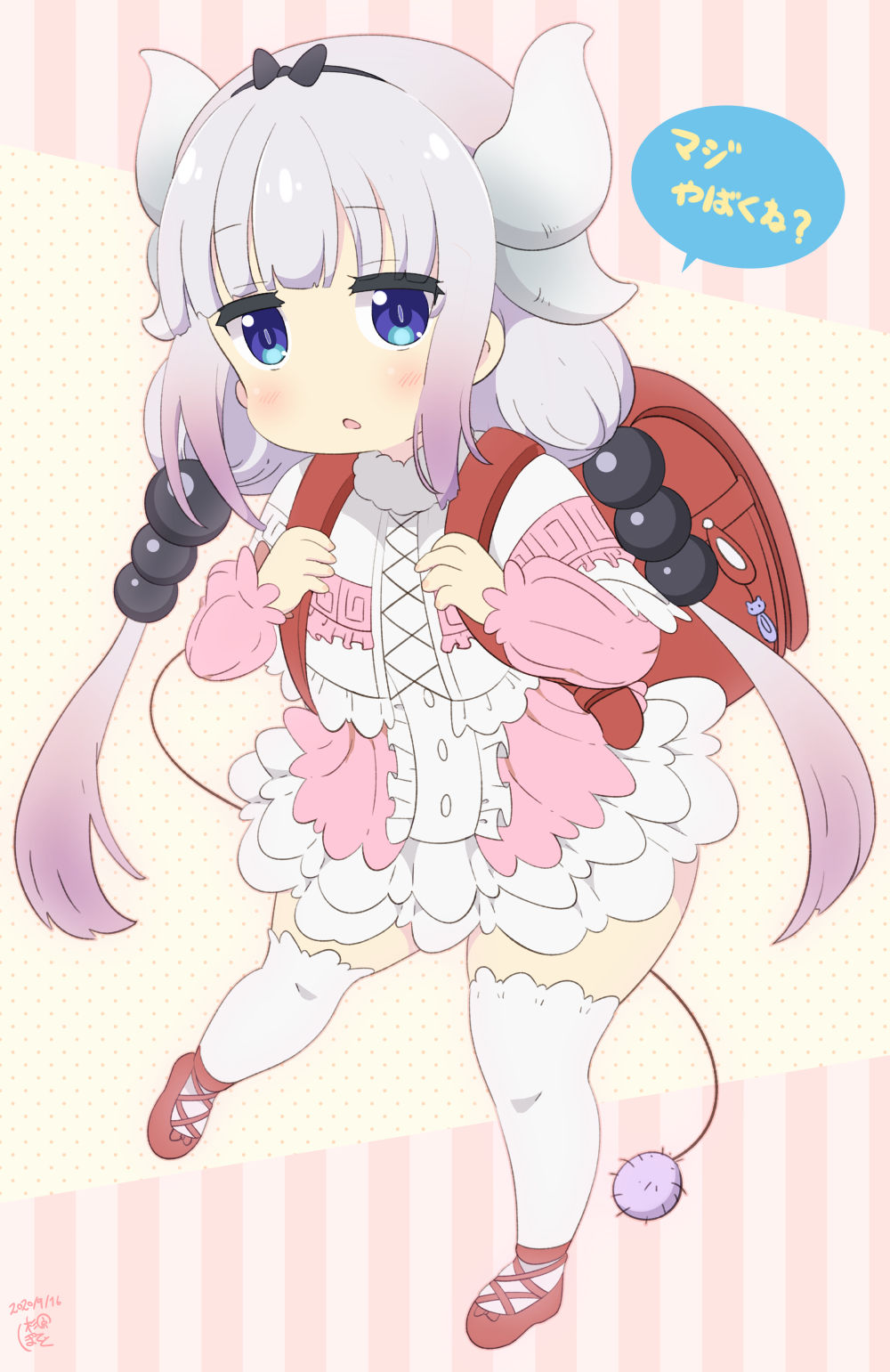 1girl aosora_neko backpack bag bangs beads black_bow black_hairband blue_eyes blunt_bangs blush bow capelet center_frills chestnut_mouth child clenched_hands commentary dragon_girl dragon_horns dragon_tail dress eyebrows_visible_through_hair frilled_capelet frilled_dress frills full_body hair_beads hair_ornament hairband hands_up highres horns jitome kanna_kamui kobayashi-san_chi_no_maidragon layered_dress leaning_forward legs_apart light_purple_hair lolita_fashion long_hair long_sleeves looking_at_viewer low_twintails mary_janes motion_lines open_mouth pink_dress raised_eyebrows randoseru red_footwear ribbed_dress shoes short_dress sketch_eyebrows solo sparkle standing tail thick_thighs thighhighs thighs translated twintails very_long_hair white_capelet white_legwear zettai_ryouiki