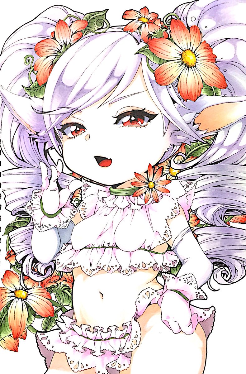 1girl breasts commentary_request contrapposto cowboy_shot eyebrows_visible_through_hair fang fewer_digits flower gloves hair_flower hair_ornament highres league_of_legends long_hair navel open_mouth otani_(kota12ro08) plump pointy_ears poppy red_eyes red_flower simple_background skin_fang small_breasts solo standing traditional_media twintails white_background white_gloves white_hair yordle