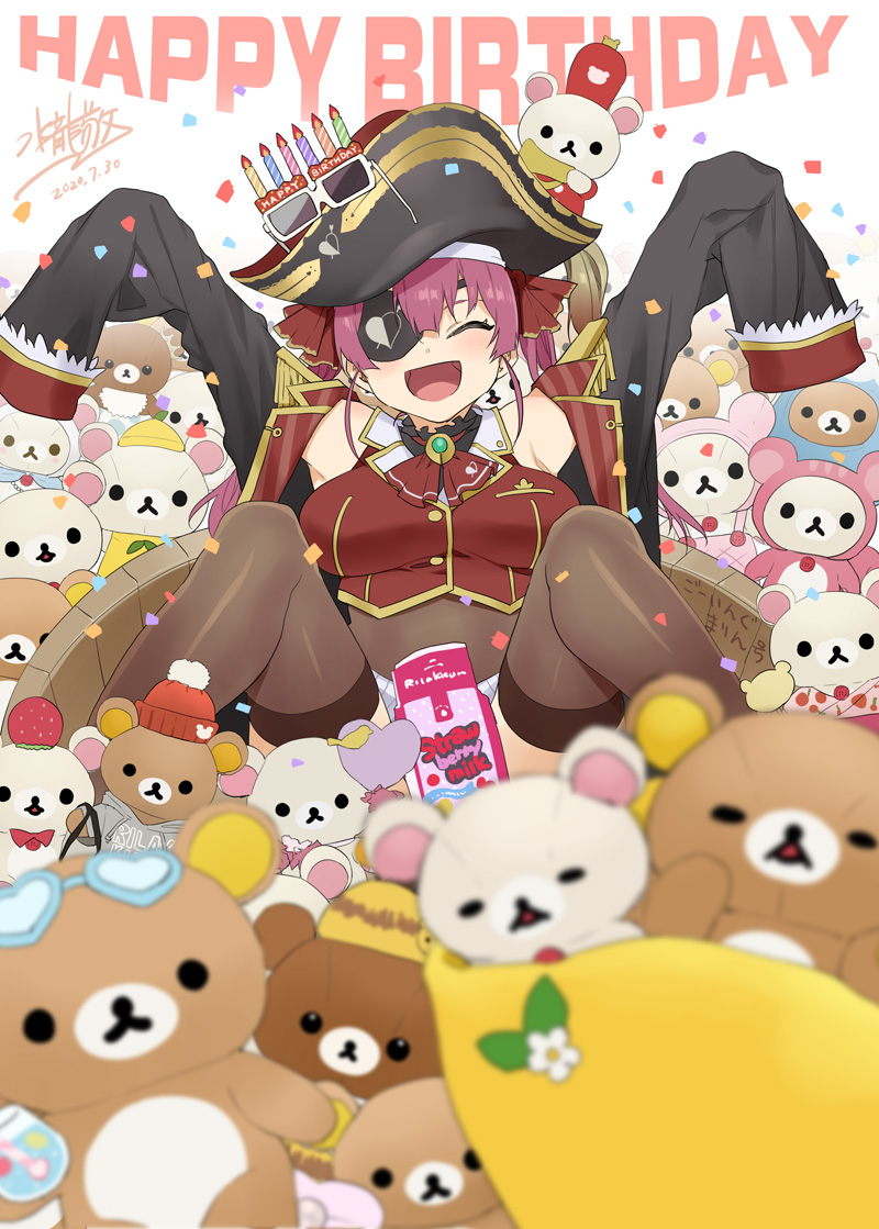 1girl :d ascot bicorne black_coat blush bodystocking breasts brown_legwear coat dated english_text eyepatch eyewear_on_headwear facing_viewer feet_out_of_frame happy_birthday hat hololive houshou_marine large_breasts long_sleeves mizuryuu_kei open_clothes open_coat open_mouth pirate_hat red_hair red_neckwear rilakkuma signature sitting sleeves_past_fingers sleeves_past_wrists smile solo spread_legs stuffed_animal stuffed_toy teddy_bear thighhighs twintails