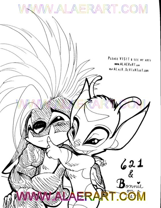 2006 4_fingers alaer alien antennae_(anatomy) black_and_white bonnie_(lilo_and_stitch) chopsuey dipstick_antennae disney distracting_watermark duo ears_down english_text experiment_(lilo_and_stitch) eyebrows facial_markings fangs female fingers forehead_markings fur head_markings lilo_and_stitch male male/female markings mohawk monochrome multicolored_antennae pivoted_ears raised_inner_eyebrows sad short_tail simple_background sitting smile text traditional_media_(artwork) url watermark white_background