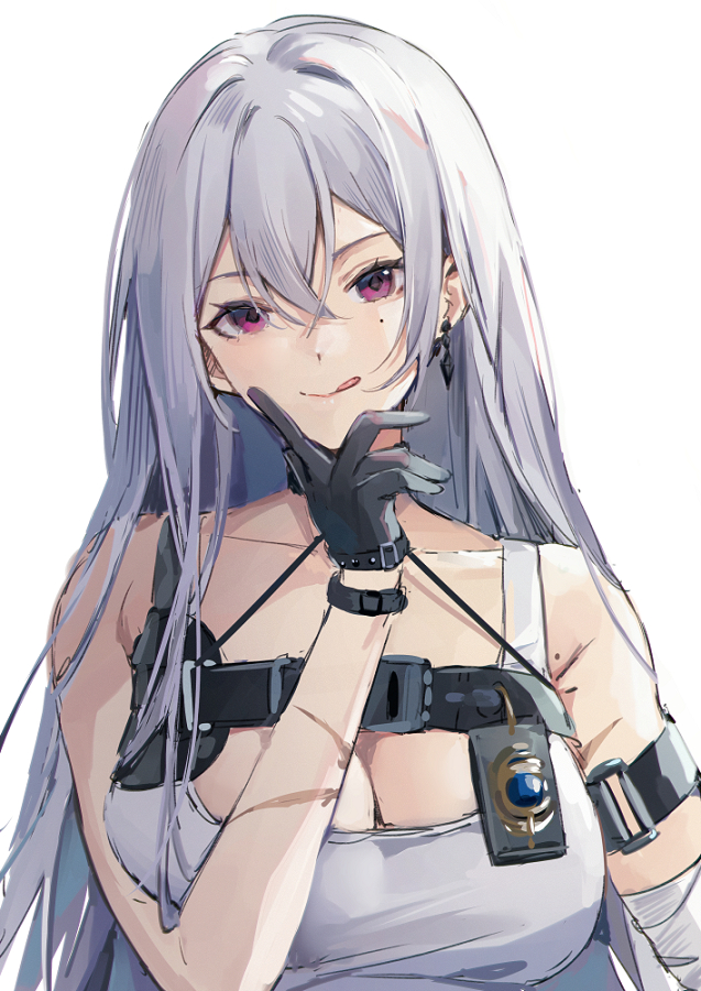 1girl azur_lane bandaged_arm bandages bangs bare_shoulders black_gloves breasts chest_harness chest_strap cleavage collar ear_piercing earrings gloves hair_between_eyes harness jewelry large_breasts long_hair looking_at_viewer mamemena piercing police_badge red_eyes scar scar_on_arm silver_hair simple_background solo sovetskaya_rossiya_(azur_lane) sovetskaya_rossiya_(the_lackadaisical_lookout)_(azur_lane) tank_top white_background