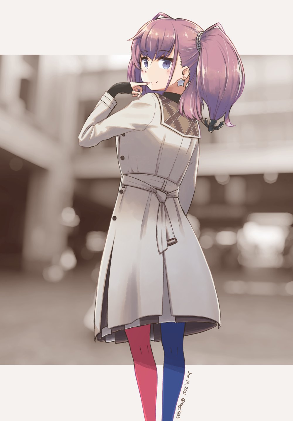 1girl alternate_costume atlanta_(kantai_collection) bag bangs blue_sweater blush brown_hair earrings eyebrows_visible_through_hair hair_ornament highres jacket jewelry kantai_collection long_hair long_sleeves looking_at_viewer looking_back pantyhose ribbed_sweater ribbon single_earring smile solo star_(symbol) star_earrings sweater toge_nbo turtleneck turtleneck_sweater two_side_up