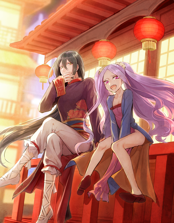 1boy 1girl black_hair chinese_clothes fate/grand_order fate_(series) flat_chest lantern looking_at_viewer mj_(11220318) ponytail purple_hair red_eyes red_footwear sitting twintails white_footwear wu_zetian_(fate/grand_order) yan_qing_(fate/grand_order)