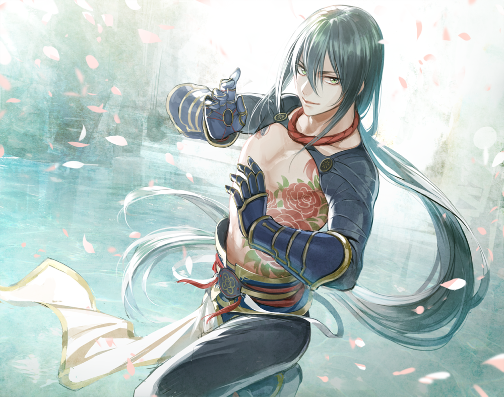 1boy bangs black_hair chinese_clothes fate/grand_order fate_(series) gauntlets green_eyes long_hair looking_at_viewer mj_(11220318) petals ponytail standing standing_on_liquid tattoo upper_body water wind yan_qing_(fate/grand_order)