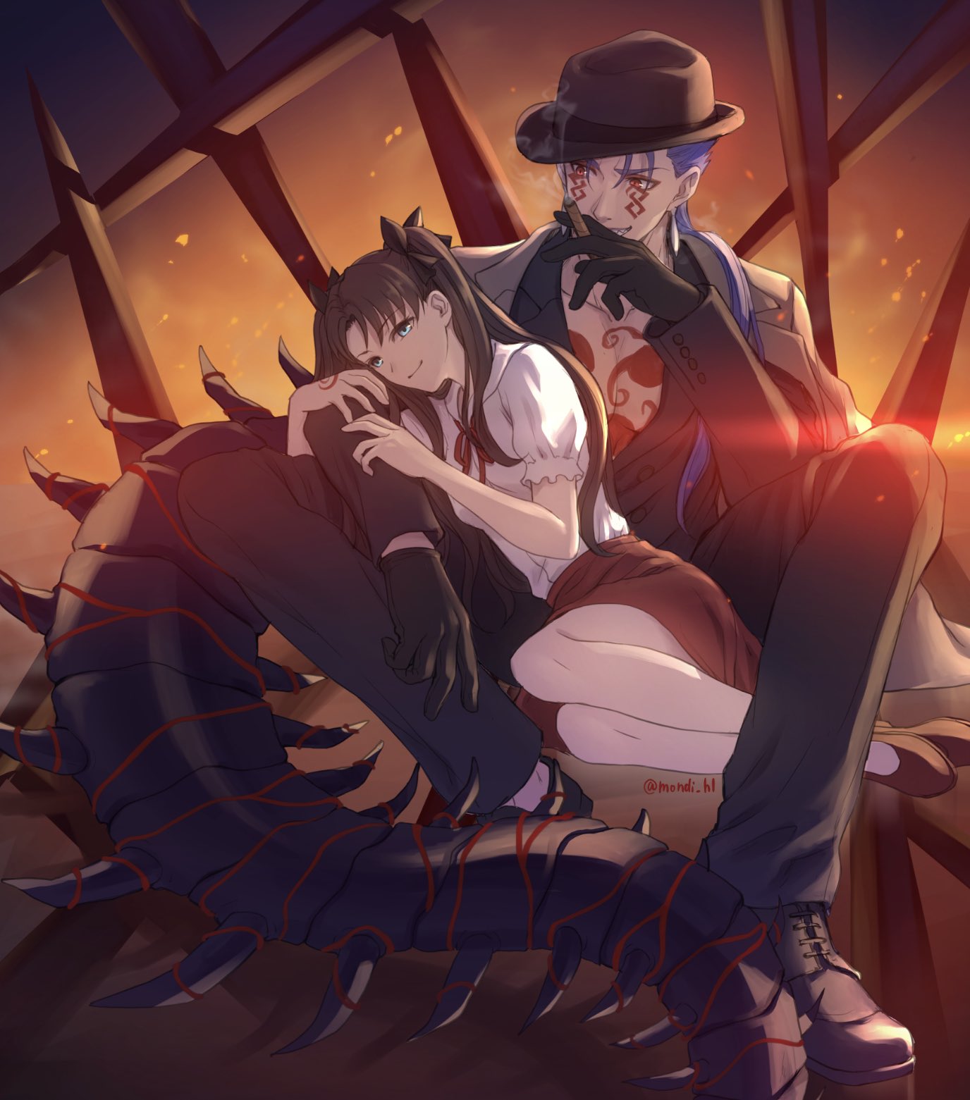 1boy 1girl alternate_costume angry arm_hug black_hair blue_eyes bodypaint cigar coat couple cu_chulainn_(fate)_(all) cu_chulainn_alter_(fate/grand_order) dark_persona earrings facepaint fate/grand_order fate/stay_night fate_(series) fedora gloves grin hat heroic_spirit_formal_dress highres holding holding_cigar jacket jewelry looking_at_another mondi_hl open_clothes open_jacket overcoat pants puffy_short_sleeves puffy_sleeves sharp_teeth short_sleeves sitting skirt smile spikes tail teeth tohsaka_rin twintails twitter type-moon
