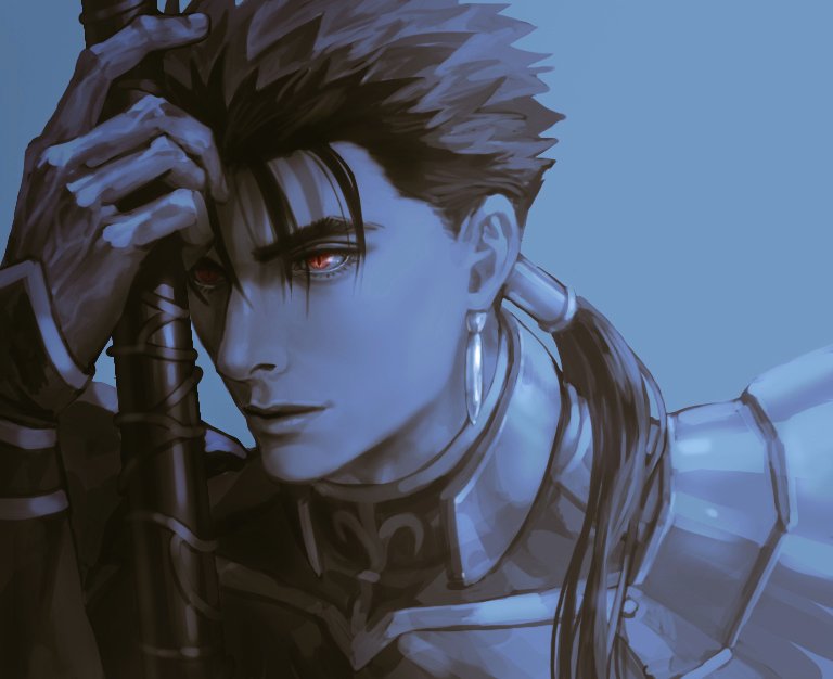 1boy armor beads close-up closed_mouth cu_chulainn_(fate)_(all) earrings fate/stay_night fate_(series) gae_bolg grin hair_beads hair_ornament holding holding_polearm holding_weapon jewelry kim_yura_(goddess_mechanic) lancer long_hair male_focus pauldrons polearm ponytail red_eyes shoulder_armor simple_background slit_pupils smile solo spiked_hair type-moon weapon