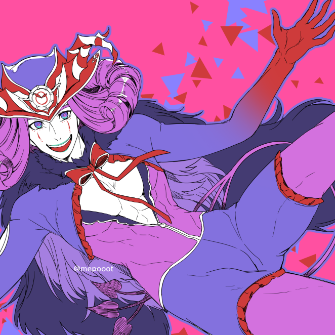 1boy abs argyle argyle_legwear blue_lipstick cape center_opening cleavage_cutout clothing_cutout colored_skin curly_hair fate/grand_order fate_(series) fur-trimmed_cape fur_collar fur_trim headpiece lipstick looking_at_viewer makeup male_focus medium_hair mephistopheles_(fate/grand_order) mepo_(raven0) pale_skin pantyhose pectorals purple_eyes purple_hair red_skin simple_background smile solo thighs toned toned_male unzipped
