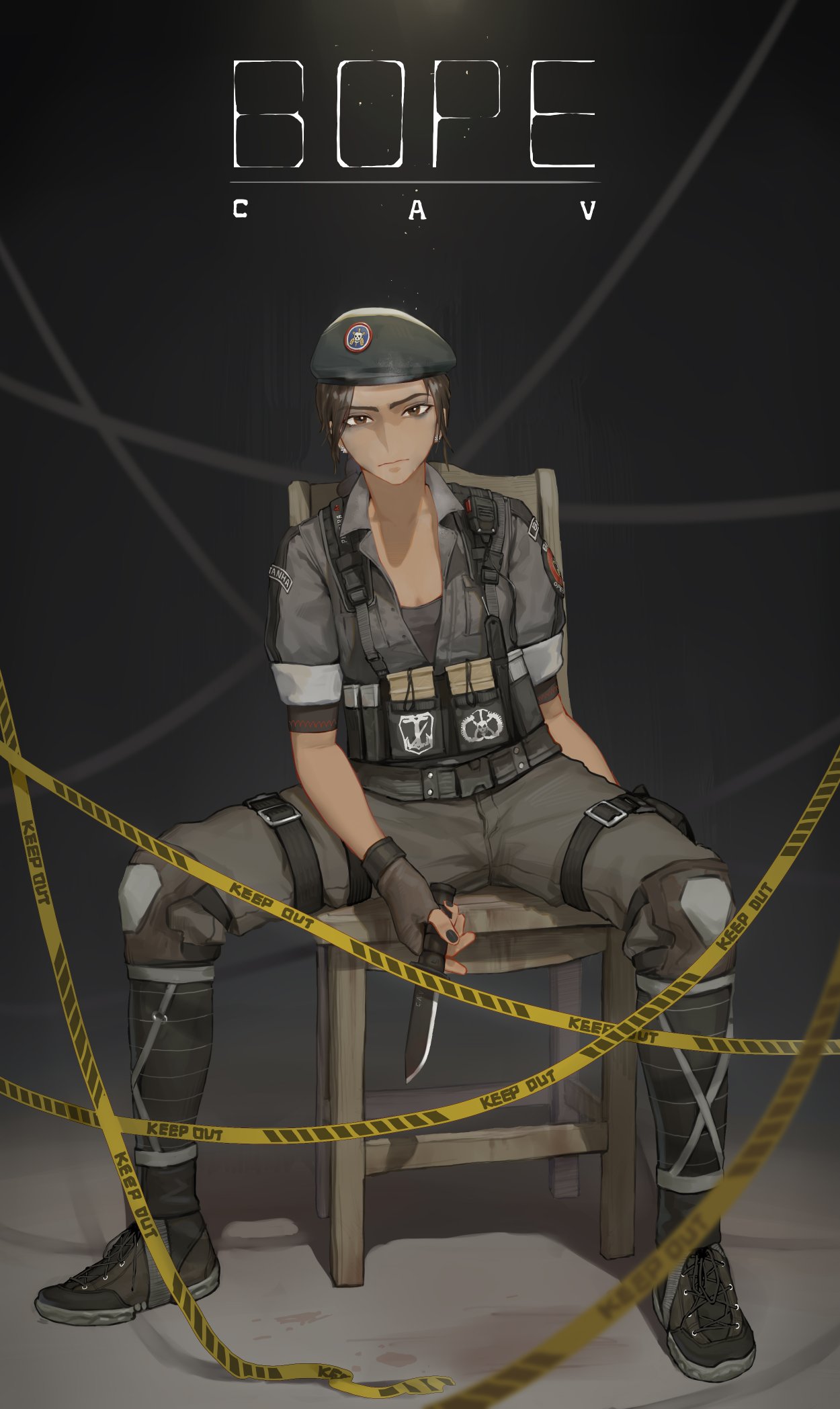 1girl bags_under_eyes beret black_headwear black_nails bope braid breasts brown_eyes brown_gloves brown_hair caution_tape caveira_(rainbow_six_siege) chair character_name collared_shirt combat_knife commentary commission dark_skin dark_skinned_female english_commentary fingernails forehead full_body gloves grey_shirt hat highres holding holding_knife holster keep_out knee_pads knife load_bearing_vest long_eyebrows looking_at_viewer magazine_(weapon) military_operator nail_polish open_clothes open_shirt patch rainbow_six rainbow_six_siege shirt shoes single_braid sitting sleeves_rolled_up small_breasts sneakers solo spread_legs thigh_holster thigh_pouch walkie-talkie weapon youzu_(youzuyozu)