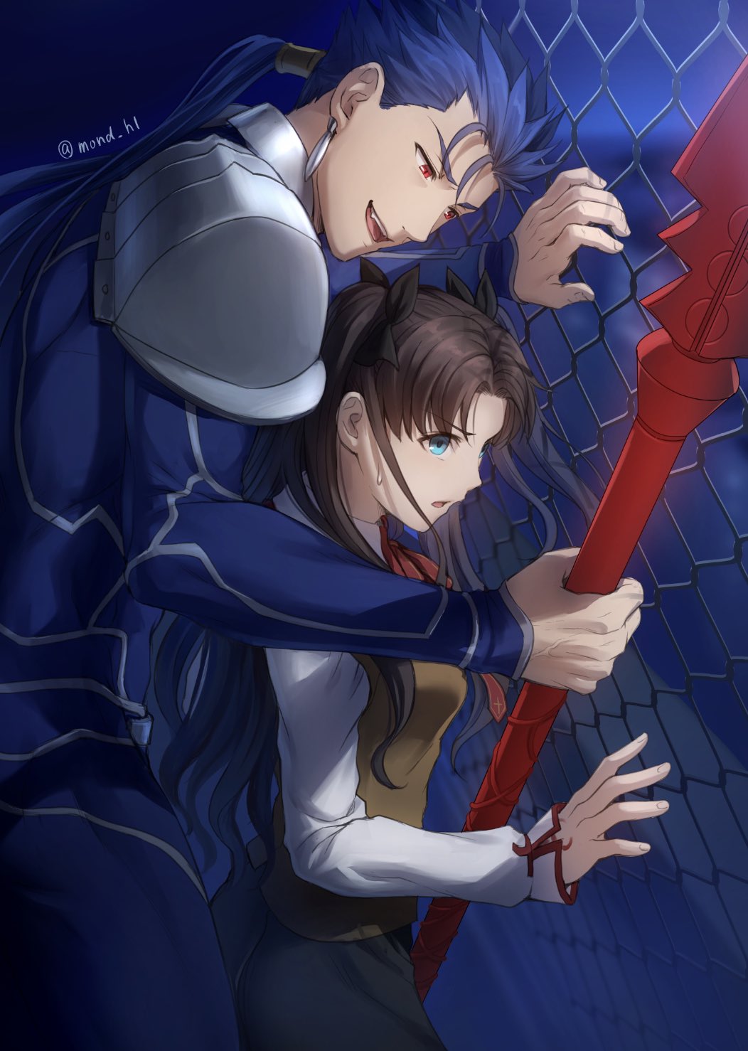 1boy 1girl :d bangs behind_another black_hair black_skirt blue_eyes blue_hair brown_hair commentary_request cu_chulainn_(fate)_(all) earrings fate/stay_night fate_(series) from_side gae_bolg hair_ribbon hand_up highres holding holding_weapon homurahara_academy_uniform jewelry lancer long_hair long_sleeves mondi_hl open_mouth ponytail red_eyes ribbon shirt skirt smile tohsaka_rin twitter_username two_side_up weapon white_shirt