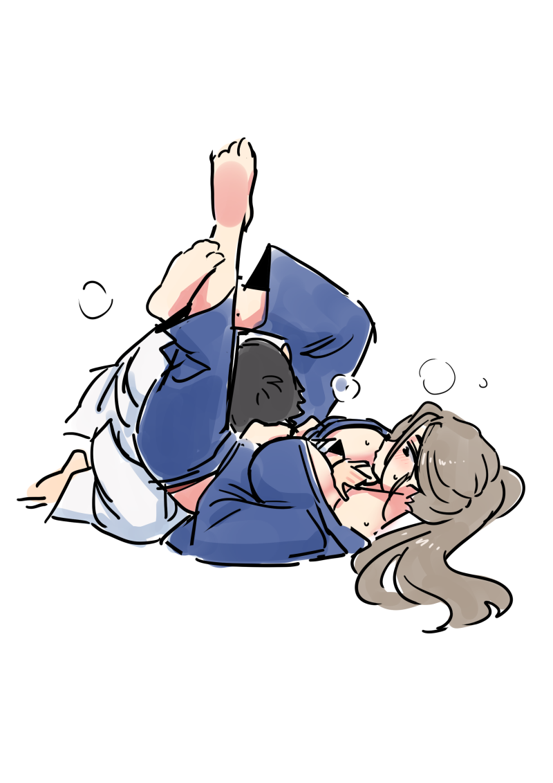 1boy 1girl arm_between_breasts arm_grab armbar barefoot between_breasts black_eyes blush breasts dougi large_breasts leg_lock leg_up long_hair lying martial_arts on_back original ponytail royal_tea solo_focus sweat wrestling