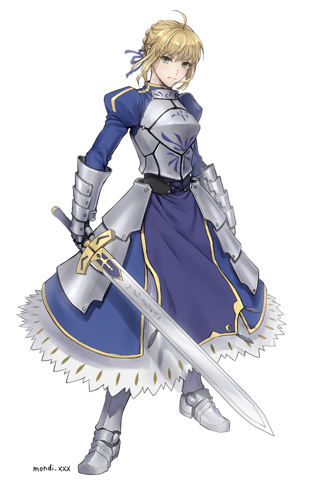 1girl ahoge armor armored_boots armored_dress artoria_pendragon_(all) bangs blonde_hair blue_dress blue_ribbon boots braid breastplate breasts closed_mouth commentary_request dress excalibur fate/stay_night fate_(series) full_body gauntlets green_eyes grey_footwear hair_ribbon highres holding holding_sword holding_weapon juliet_sleeves long_dress long_sleeves looking_at_viewer mondi_hl puffy_sleeves ribbon saber short_hair simple_background solo standing sword twitter_username weapon white_background