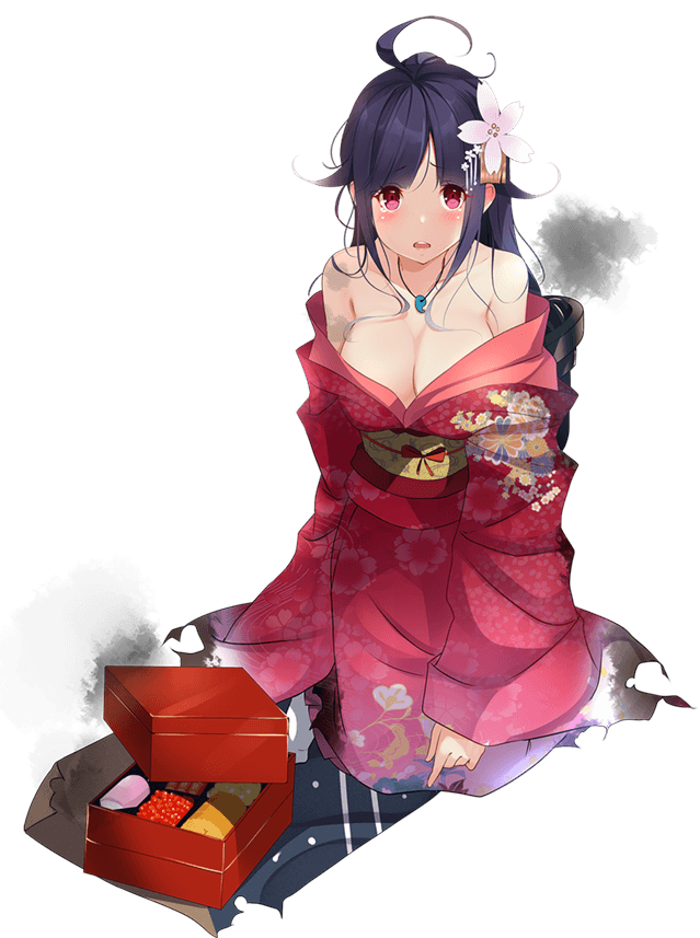 1girl ahoge breasts cleavage damaged flower food full_body hair_flaps hair_flower hair_ornament japanese_clothes kantai_collection kimono kujou_ichiso large_breasts long_hair long_sleeves magatama obentou obi official_art pink_flower purple_hair red_eyes red_kimono ryuuhou_(kantai_collection) sash solo taigei_(kantai_collection) transparent_background wide_sleeves