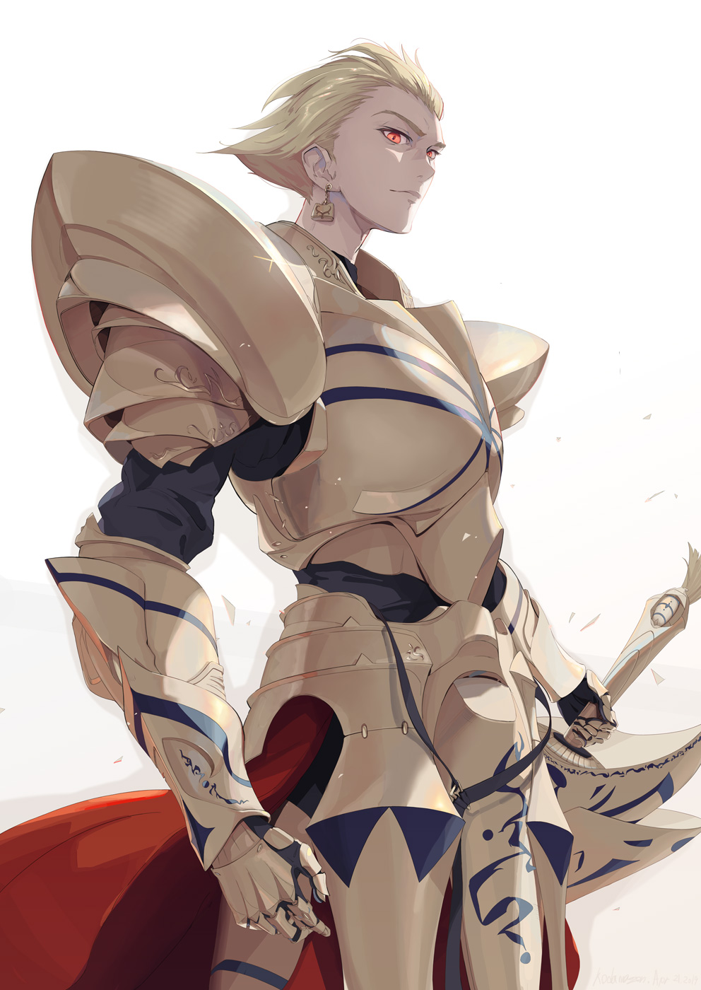 1boy armor blonde_hair breasts closed_mouth earrings fate/grand_order fate_(series) gauntlets gilgamesh glint gold_armor hair_slicked_back highres holding holding_weapon jewelry kodamazon male_focus pauldrons red_eyes reverse_grip shoulder_armor single_earring solo vambraces weapon