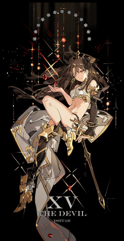 brown_hair earrings fate/grand_order fate_(series) gem hoop_earrings ishtar_(fate)_(all) ishtar_(fate/grand_order) jewelry long_hair looking_at_viewer one_eye_closed red_eyes revealing_clothes shiny shiny_clothes single_thighhigh smile starshadowmagician thighhighs tiara