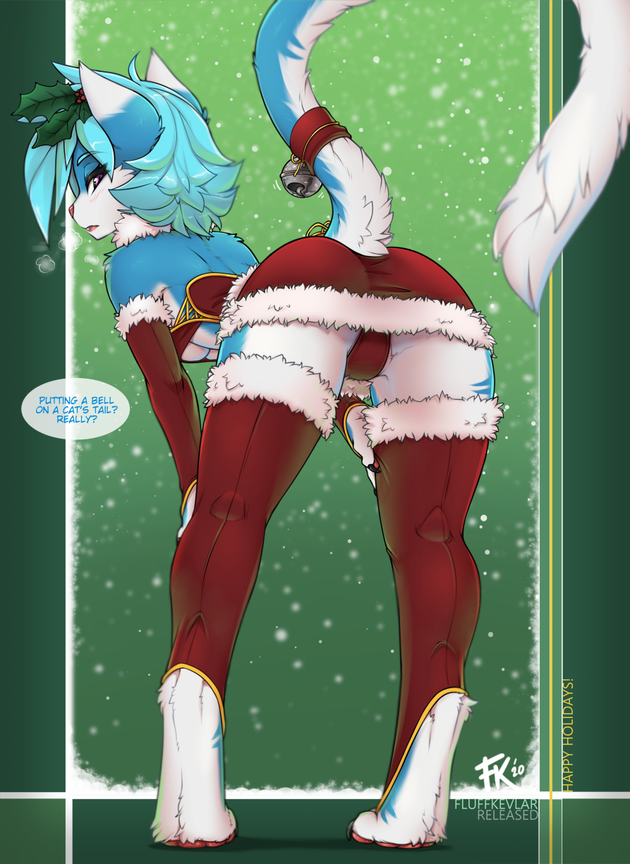 2020 anthro bell blue_body blue_fur blue_hair bottomwear breasts breath butt butt_shot christmas clothed clothing dialogue domestic_cat english_text felid feline felis female fluff-kevlar fur green_background hair hi_res holidays holly_(plant) legwear looking_at_viewer mammal panties paws plant raised_tail simple_background skirt snow solo stockings text tuft under_boob underwear upskirt vikna white_body white_fur