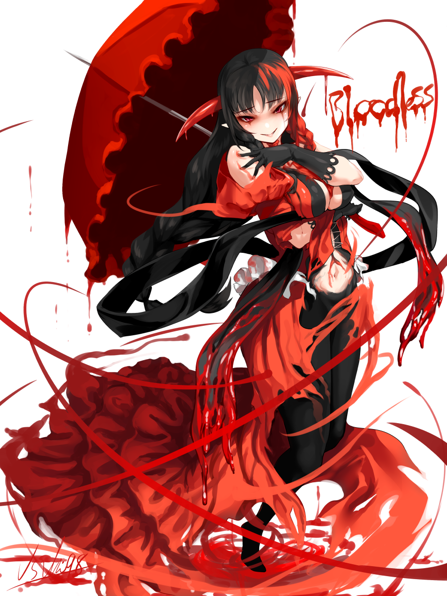 1girl bare_shoulders black_gloves black_hair blood bloodless_(bloodstained) bloodstained:_ritual_of_the_night breasts character_name corset covered_nipples dress dripping english_text eyebrows_visible_through_hair fang gloves highres holding holding_umbrella horns multicolored multicolored_hair navel parted_lips puddle red_dress red_eyes red_hair red_horns red_umbrella signature simple_background solo torn torn_clothes torn_dress twintails umbrella usuki_(graygreed) white_background