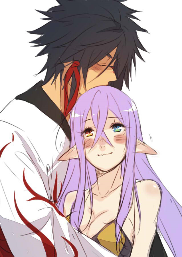 1boy bangs bare_shoulders black_hair blush breasts character_request cleavage closed_mouth collarbone commentary couple eyebrows_visible_through_hair facing_viewer from_side hair_between_eyes hair_ribbon hetero heterochromia hug long_hair long_sleeves looking_up nose_blush pointy_ears purple_hair red_ribbon ribbon sidelocks sleeveless smile spiked_hair tales_of_(series) tales_of_berseria traditional_clothes tusia