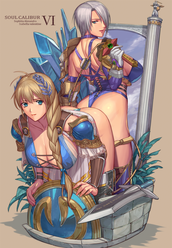 2girls armor armored_boots armored_dress ass back back-to-back bare_shoulders bent_over blonde_hair blue_eyes blue_panties bodysuit boots braid breasts character_name cleavage collarbone commentary_request copyright_name covered_nipples dress elbow_pads holding holding_shield holding_sword holding_weapon huge_breasts ibanen isabella_valentine laurel_crown leaning_forward lipstick long_braid long_hair looking_at_viewer makeup multiple_girls panties purple_lipstick shield short_hair shoulder_blades shoulder_pads silver_hair single_braid smile sophitia_alexandra soulcalibur soulcalibur_vi sword thigh_boots thighhighs underwear weapon whip whip_sword white_dress