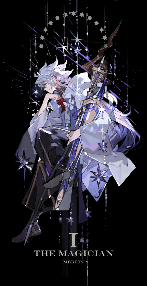 1boy black_pants demon_boy fate/grand_order fate_(series) from_side holding holding_weapon incubus merlin_(fate) pants purple_eyes robe smile solo staff starshadowmagician sword weapon white_hair