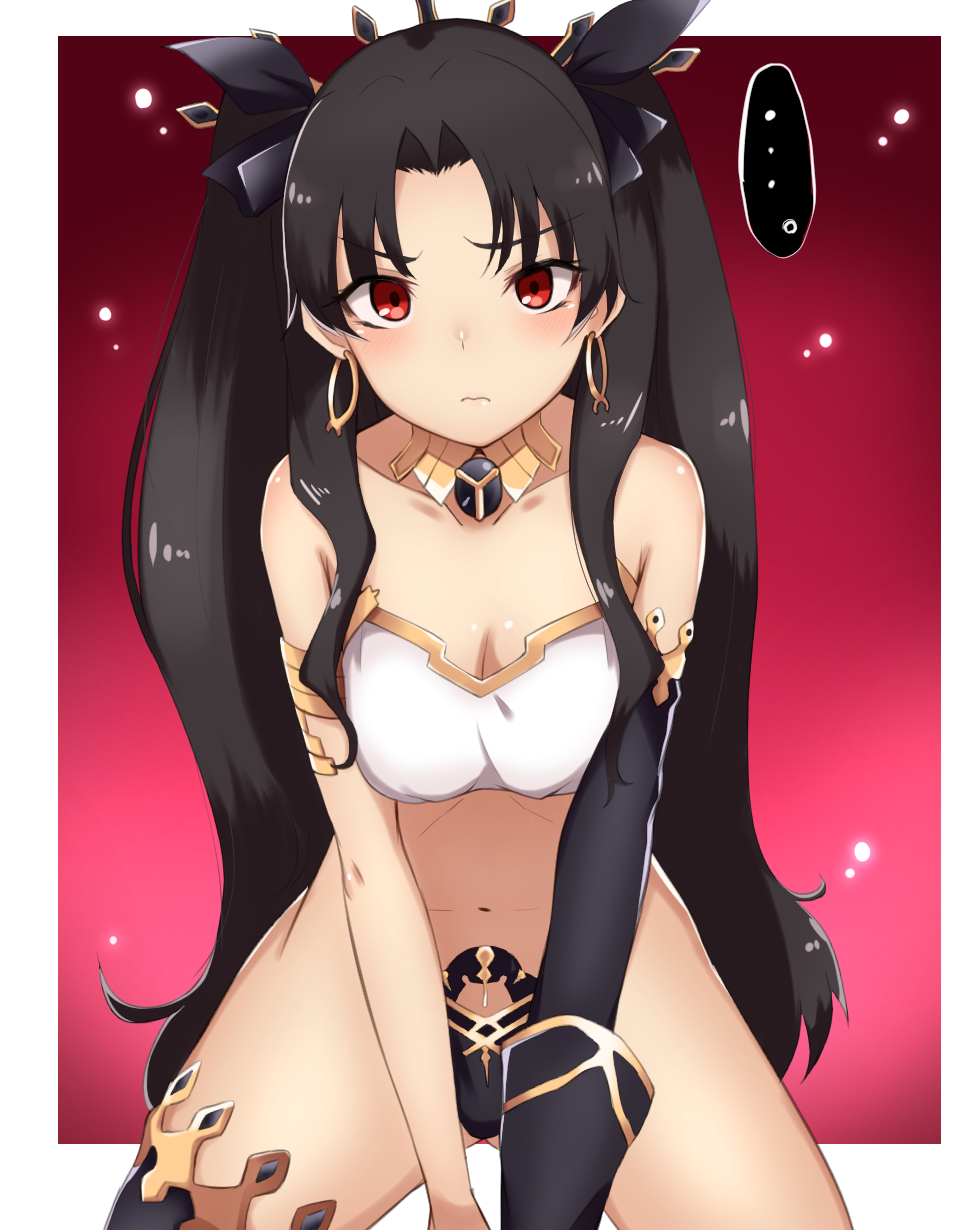 armlet detached_sleeves earrings fate/grand_order fate_(series) hair_ribbon highres ishtar_(fate)_(all) ishtar_(fate/grand_order) jewelry long_hair looking_at_viewer meta-tron red_eyes ribbon single_detached_sleeve single_thighhigh thighhighs tiara twintails two_side_up