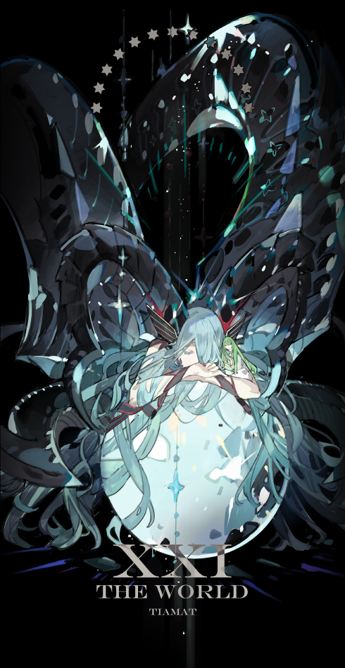 1boy 1girl blue_hair closed_eyes dragon_girl dragon_horns fate/grand_order fate_(series) green_hair horns kingu_(fate) long_hair pants shirt sleeping starshadowmagician tiamat_(fate/grand_order) very_long_hair white_pants white_shirt