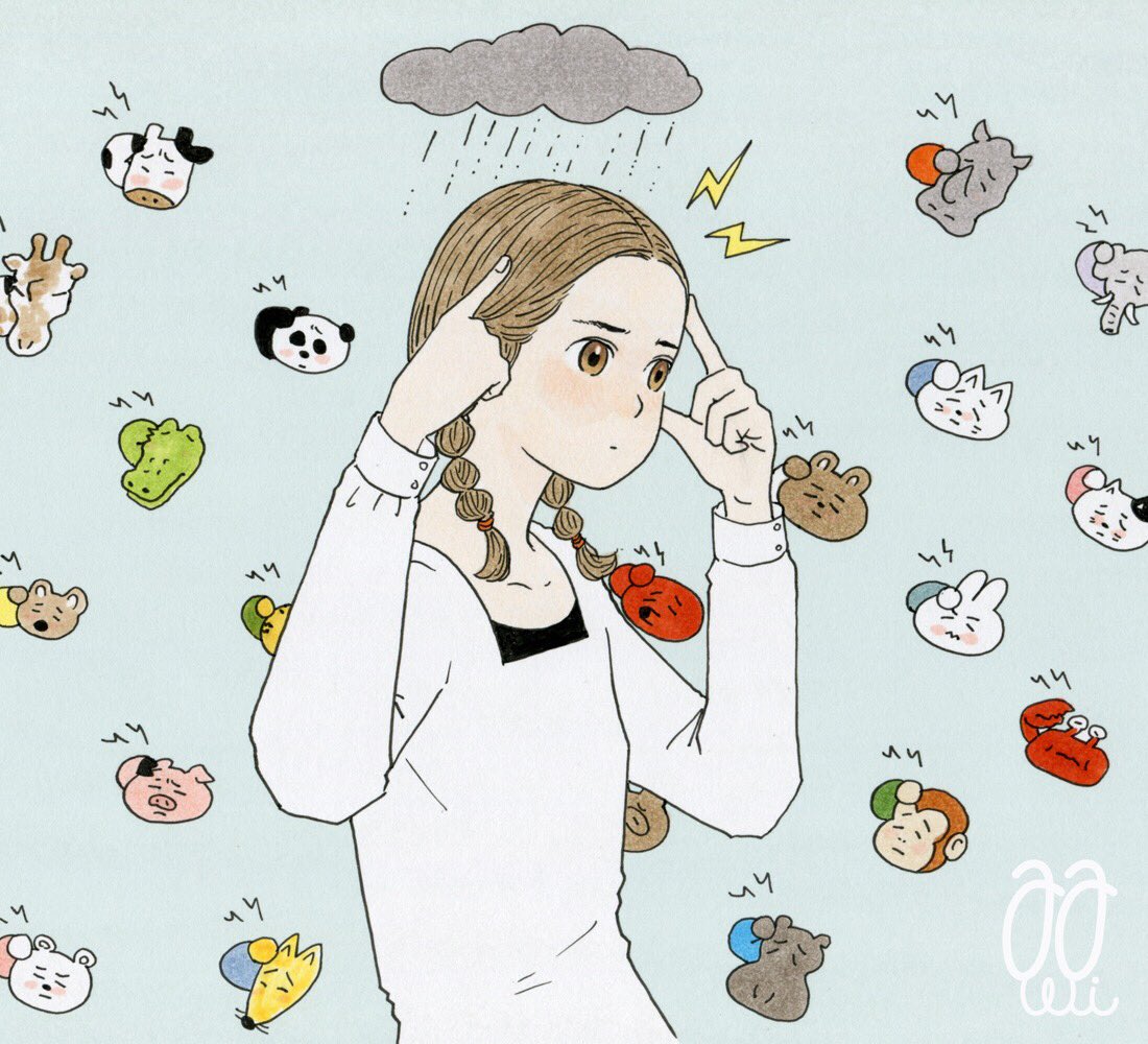 1girl awai880 blush_stickers braid brown_eyes brown_hair bunny cat cow crab crocodile crocodilian elephant giraffe hands_up hippopotamus index_finger_raised long_sleeves medium_hair monkey original panda pig rain rhinoceros shirt signature solo storm_cloud twin_braids upper_body white_shirt